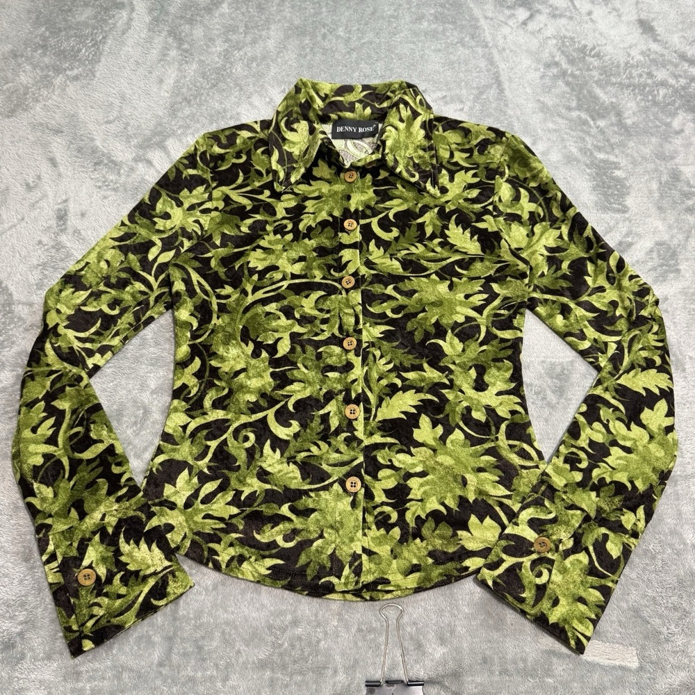 Vintage Denny Rose Velvet Longsleeve Floral Button Shirt Womens S‎ Indie Boho